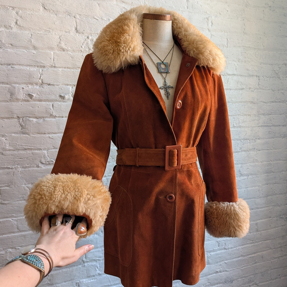 Vintage Leather Jacket Penny Lane Jacket Faux Fur Coat 70s Tapestry Trench Coat - Picture 12 of 16